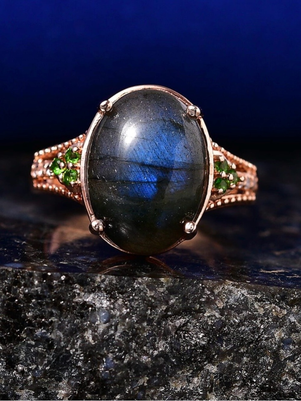 Labradorite Gemstone Ring with Emerald and Topaz accents